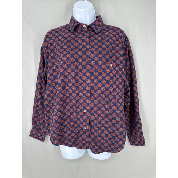 70s Vintage Top Womens Medium Navy Blue Paisley Red Button Boho Cotton - Picture 1 of 7